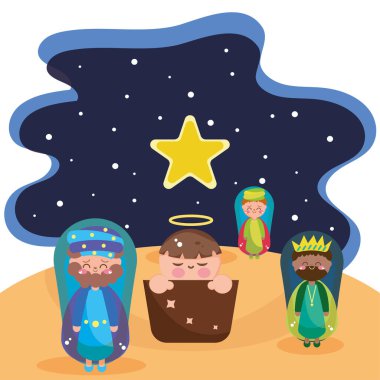 Geceleri renkli ahır. Joseph, Mary ve İsa Vektörü 'nün şirin karikatürleriyle.