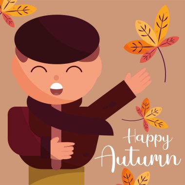 Colored happy autumn concept poster Male character with winter clothes Vector illustration
