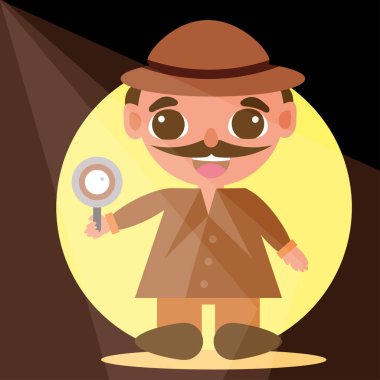 Happy male detective cartoon character holding a magnifying glass Vector illustration