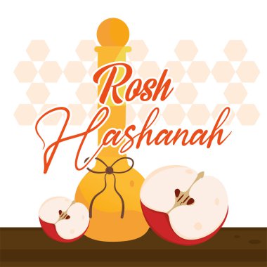 Cute rosh hashanah poster Honey jar with cut apples Vector illustration