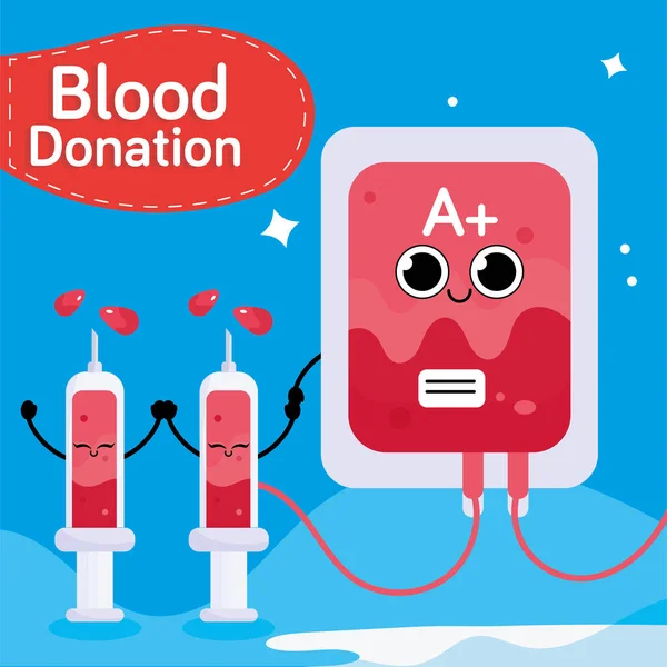 Ευτυχισμένος Χαρακτήρας Τσάντα Αίματος Σύριγγες Ιδέα Αιμοδοσίας Διάνυσμα Εικονογράφηση Διανυσματικά Γραφικά