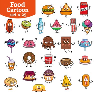 Set of cute food and fast food cartoon characters Vector illustration