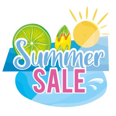 Colored summer sale banner with surfboard and sun Vector illustration