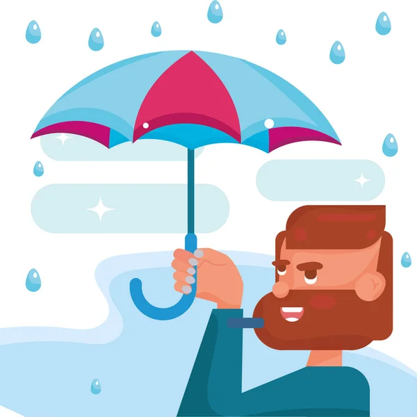 Happy Male Character Using Umbrella Rain Healthy Lifestyle Vector Illustration — Wektor stockowy