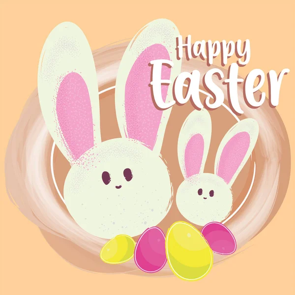 Happy Easter Poster Pair Rabbit Avatars Eggs Vector Illustration — Wektor stockowy