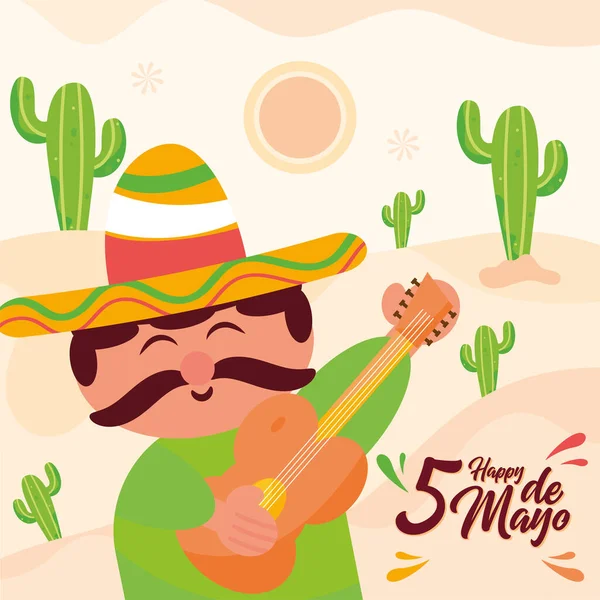 Cinco Mayo Card Mariachi Cactus Vector Illustration — Stock Vector