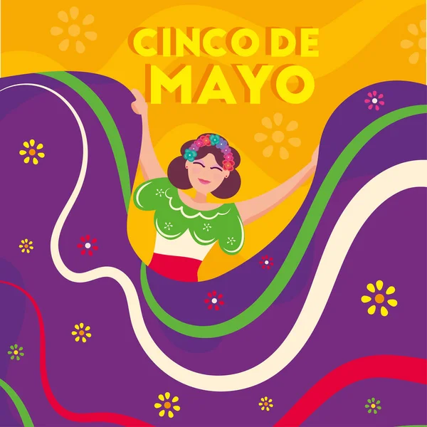 Cinco Mayonez Kartı Geleneksel Meksikalı Kadın Vektör Illüstrasyonu Stok Illüstrasyon