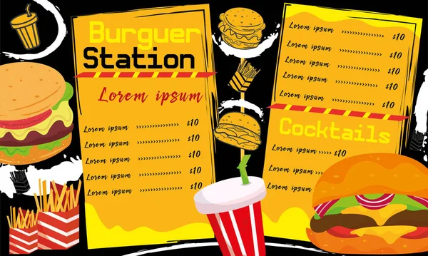 Gekleurde Fast Food Menu Met Verschillende Burger Items Vector Illustratie — Stockvector