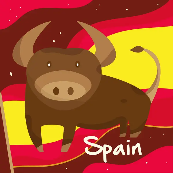 Bonito Touro Animal Uma Bandeira Espanhola Espanha Cultura Modelo Vector — Vetor de Stock