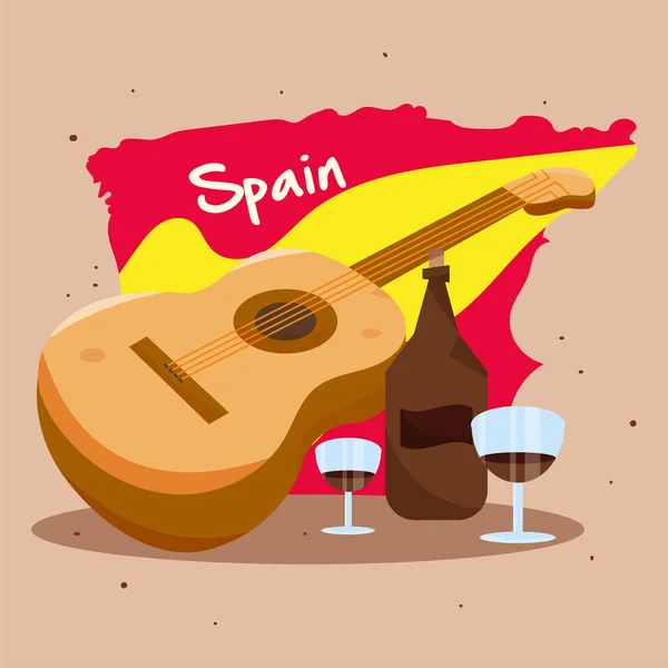 Mapa España Con Bebida Vino Una Guitarra Madera España Plantilla — Vector de stock