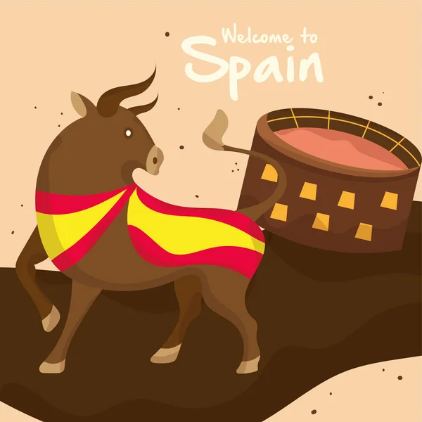 Spanyol Bayraklı Şirin Boğa Boğa Güreşinin Yanında Vector Illüstrasyonunu Gösteriyor — Stok Vektör