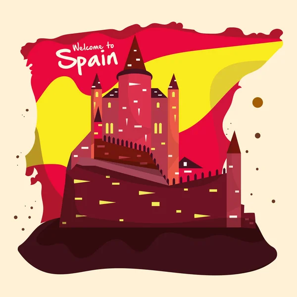 Castelo Hispânico Tradicional Isolado Com Bandeira Espanha Modelo Cultura Ilustração —  Vetores de Stock