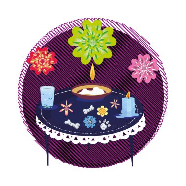 Çiçekler ve mumlarla süslenmiş sunak Dia de Muertos Vektör illüstrasyonu