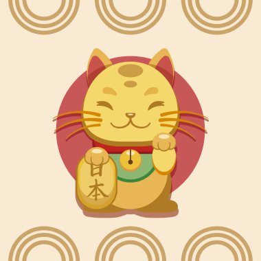 Altın maneki neko kedisi, yakası ve çanı bej desenli geleneksel Japon dairesel motifli Vektör çizimi