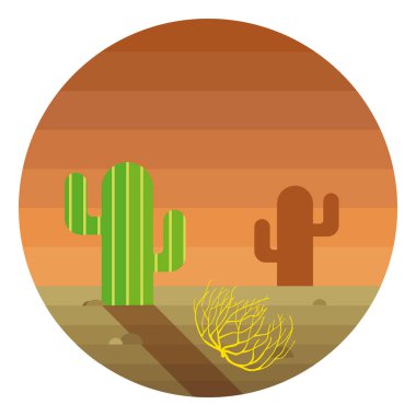 Yeşil saguaro kaktüsü ve yuvarlak kahverengi çöl manzarasında sarı takla otu. Gün batımında Vektör illüstrasyonunda.