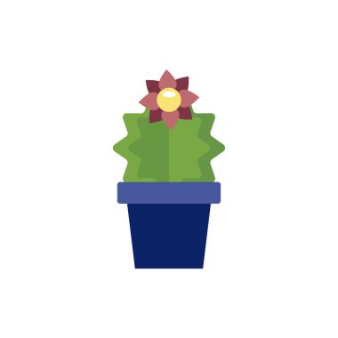 Yuvarlak kaktüs, yukarıdan çiçek açan seramik bir tencereye yerleştirilmiş. Vektör illüstrasyonu.