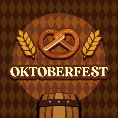 Geleneksel Oktoberfest posteri simit buğday ve bira fıçısı tasarımı. Vektör illüstrasyonu