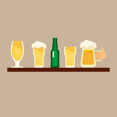 Yeşil şişeli bira bardağı koleksiyonu ve tahta raf vektör illüstrasyonunu onaylayan bir jest.