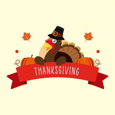 Şükran Günü pankartı, hacı şapkası, balkabağı ve kırmızı kurdele desenli Vektör illüstrasyonlu.