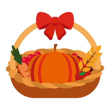 Kırmızı kurdele illüstrasyonuyla süslenmiş balkabağı ve hasat meyveleriyle dolu sepet.