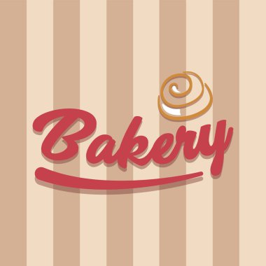 Tarçın rulo girdap ve çizgili arkaplan vektör illüstrasyonunda kırmızı harfli Retro fırın logosu