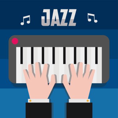 Piyano klavyesi ve müzik notalarıyla oynayan elleri olan mavi caz müzik tasarımı Vektör illüstrasyonu