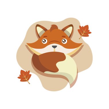 Düşen sonbahar yapraklarıyla kıvrılmış sevimli çizgi film tilkisi. Vektör illüstrasyonu