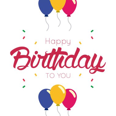 Temiz bir arka planda renkli balonlar ve konfetilerle doğum günü karşılaması. Vektör illüstrasyonu