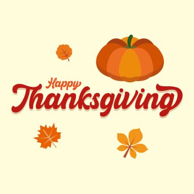 Turuncu kabaklı ve dağınık sonbahar yapraklı Şükran Günü tipografiniz kutlu olsun. Vektör illüstrasyonu