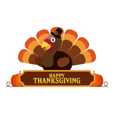 Hacı şapkalı hindi, balkabaklı mutlu şükran günü tabelasının arkasında. Vektör illüstrasyonu