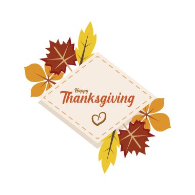 Dikilmiş kenarı ve renkli sonbahar yaprakları olan Şükran Günü tebrik kartı. Vektör illüstrasyonu