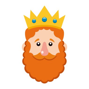 Kraliyet kral karakteri kafası altın tacı mavi mücevherler ve kıvırcık turuncu sakal illüstrasyonuyla