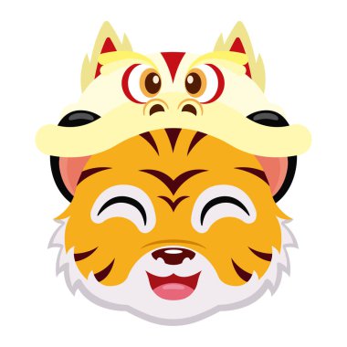 Neşeli kaplan karakteri renkli ejderha dans maskesi ve geleneksel kostüm temsilciliğiyle performans sergiliyor.