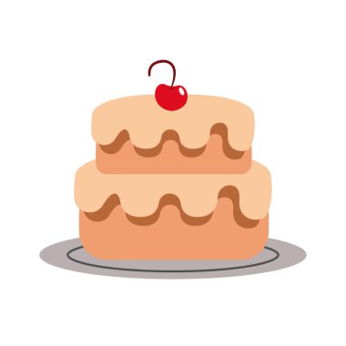 İki katlı turuncu doğum günü pastası kremalı ve kırmızı kirazlı tabak taşıyıcı illüstrasyon.