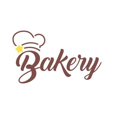 Kahverengi fırın metin logosu, şef şapkası ana hatları ve sarı yıldız süslemesi Vektör illüstrasyonu