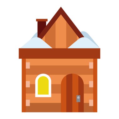 Karlı bacası ve kemerli penceresi olan güzel ahşap bir kulübe. Vektör illüstrasyonu.