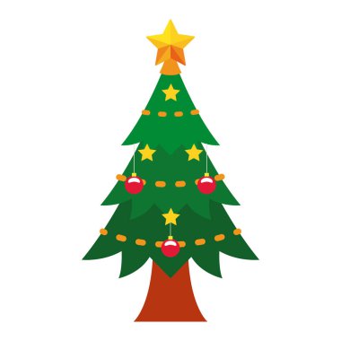 Tatil sezonu için yıldız süslemeleri ve çelenkleri olan yeşil çam ağacı. Vektör illüstrasyonu.