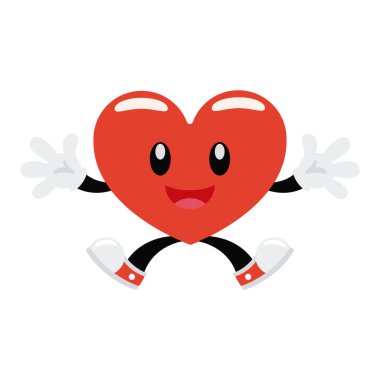 Neşeli kırmızı kalp karakteri kollarını açmış ve sevgi ve dostluk teması için neşeli gülümsemesi olan Vektör illüstrasyon
