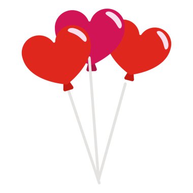 Renkli kalp şeklinde balonlar, parti dekorasyonu için beyaz telli kırmızı ve pembe tonlarda. Vektör illüstrasyonu