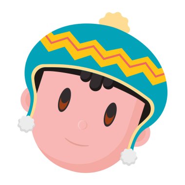 Turkuaz örgü ören mutlu gülümseyen çocuk zikzak desenli ve beyaz ponpon kız vektör resimli kış şapkası takıyor.