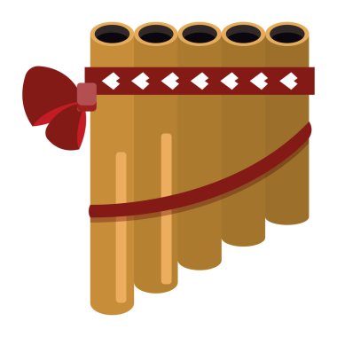 Folk müzik temaları için kırmızı kurdeleli kahverengi ahşap flüt ve dekoratif beyaz elmas desenli Vector illüt