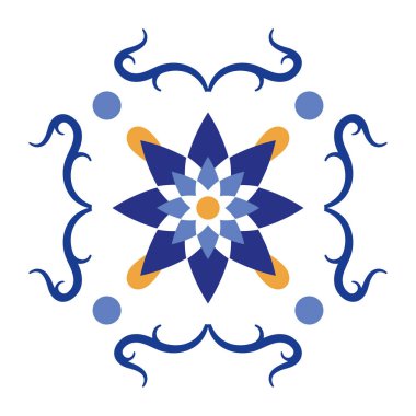 Kıvırcık ve dairesel şekillerle çevrili açık mavi yapraklı koyu mavi bir çiçek. Vektör illüstrasyonu.