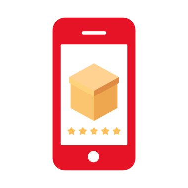 Sarı kutuyu gösteren kırmızı akıllı telefon ve beş yıldızlı değerlendirme notu. Vektör illüstrasyonu