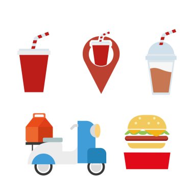 Soda, milkshake scooter ve teslimat sembollü burger içer. Vektör illüstrasyonu