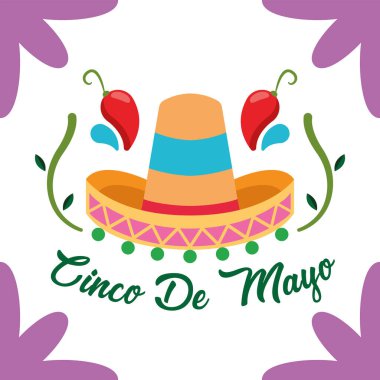 Meksika bayramı için kırmızı biberli renkli sombrero ve dekoratif sarmaşıklar.