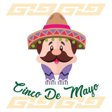 Geleneksel sombrero ve renkli geometrik desenler çizen bıyıklı mutlu Meksikalı adam.