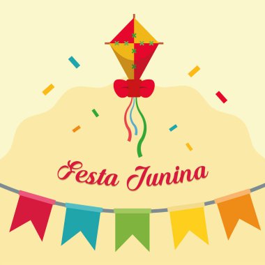 Brezilya festivali için bayraklar ve konfetilerle çevrili renkli kurdeleli elmas uçurtma.