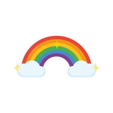 Pofuduk beyaz bulutlu parlak gökkuşağı yayı ve umut ve kutlama temaları için altın yıldızlar Vektör illüstrasyonu