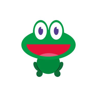 Büyük gözleri ve geniş kırmızı gülüşü olan sevimli çizgi film yeşil kurbağası. Sevimli kawaii amfibi karakter tasarımı Vektör çizimi.