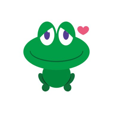 Tatlı yeşil kurbağa, yarı kapalı gözleri ve nazik gülüşü ile pembe kalbi, sevgi dolu bir illüstrasyon sergiliyor.